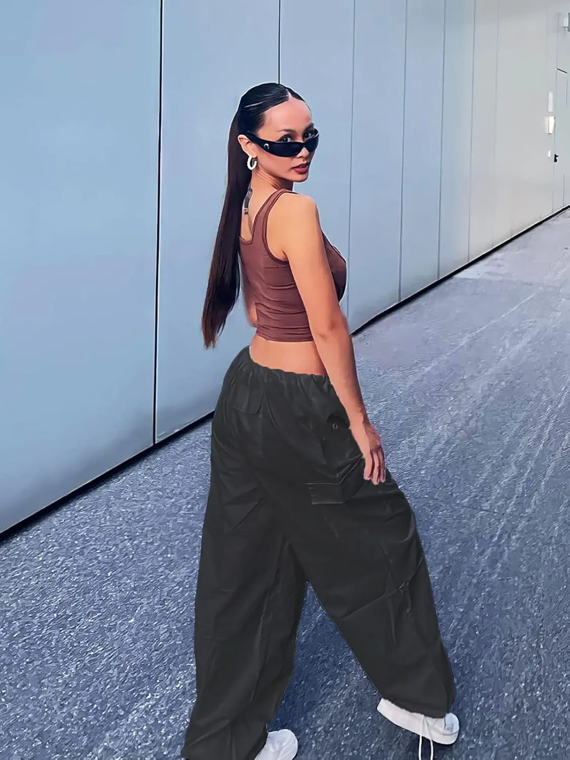 Xineicy Parachute Pants for Women Drawstring Baggy Cargo Pants Y2K Trouser Low Rised Jogger Sweatpants