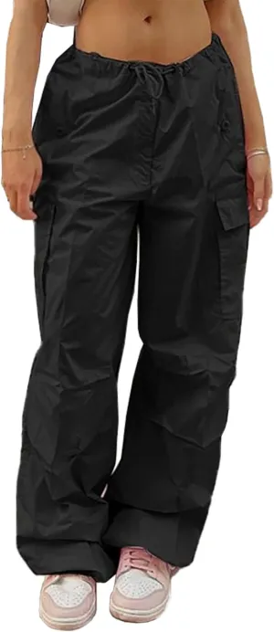 Xineicy Parachute Pants for Women Drawstring Baggy Cargo Pants Y2K Trouser Low Rised Jogger Sweatpants