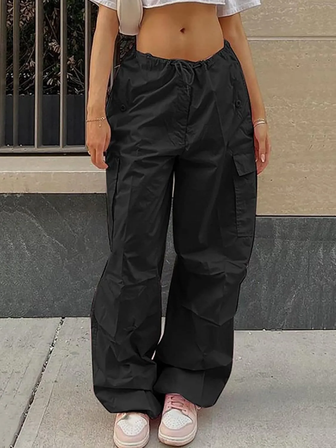 Xineicy Parachute Pants for Women Drawstring Baggy Cargo Pants Y2K Trouser Low Rised Jogger Sweatpants