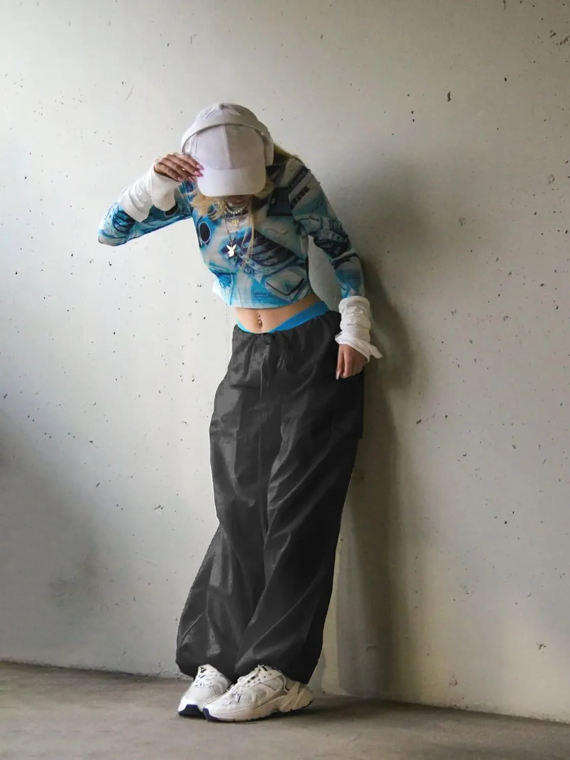Xineicy Parachute Pants for Women Drawstring Baggy Cargo Pants Y2K Trouser Low Rised Jogger Sweatpants