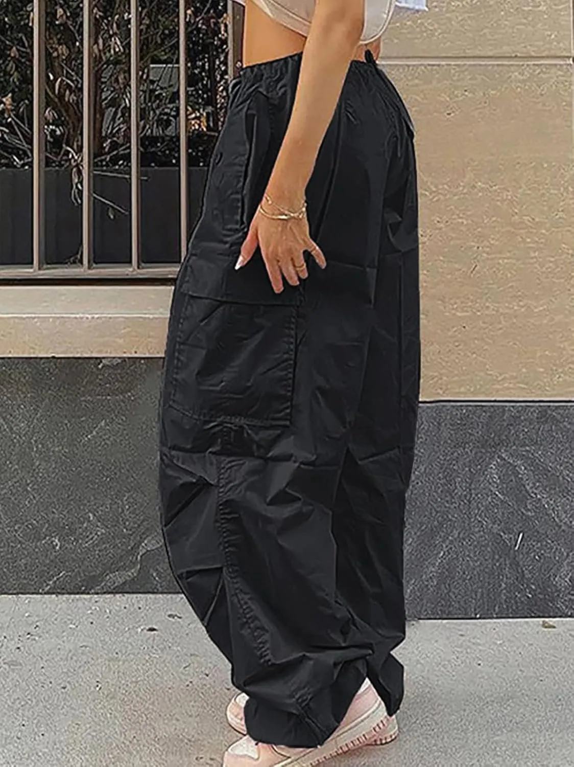 Xineicy Parachute Pants for Women Drawstring Baggy Cargo Pants Y2K Trouser Low Rised Jogger Sweatpants