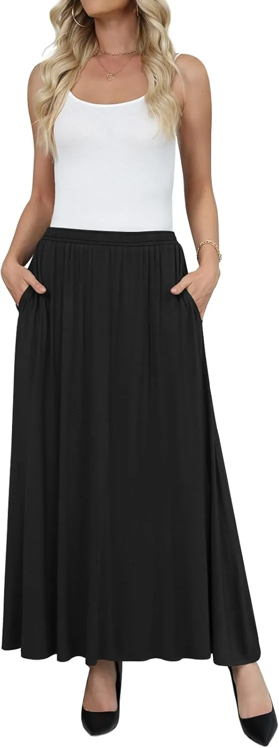 Yincro Womens Maxi Skirt Casual Flowy Elastic High Waist Long Skirts with Pockets